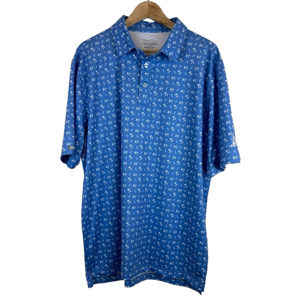 Straight Down Performance Polo Shirt Men's XL Blue Palm Trees Pineapple Stretch